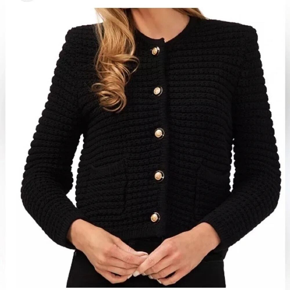 Joie Black Textured Cardigan Gold Button Front Size Medium